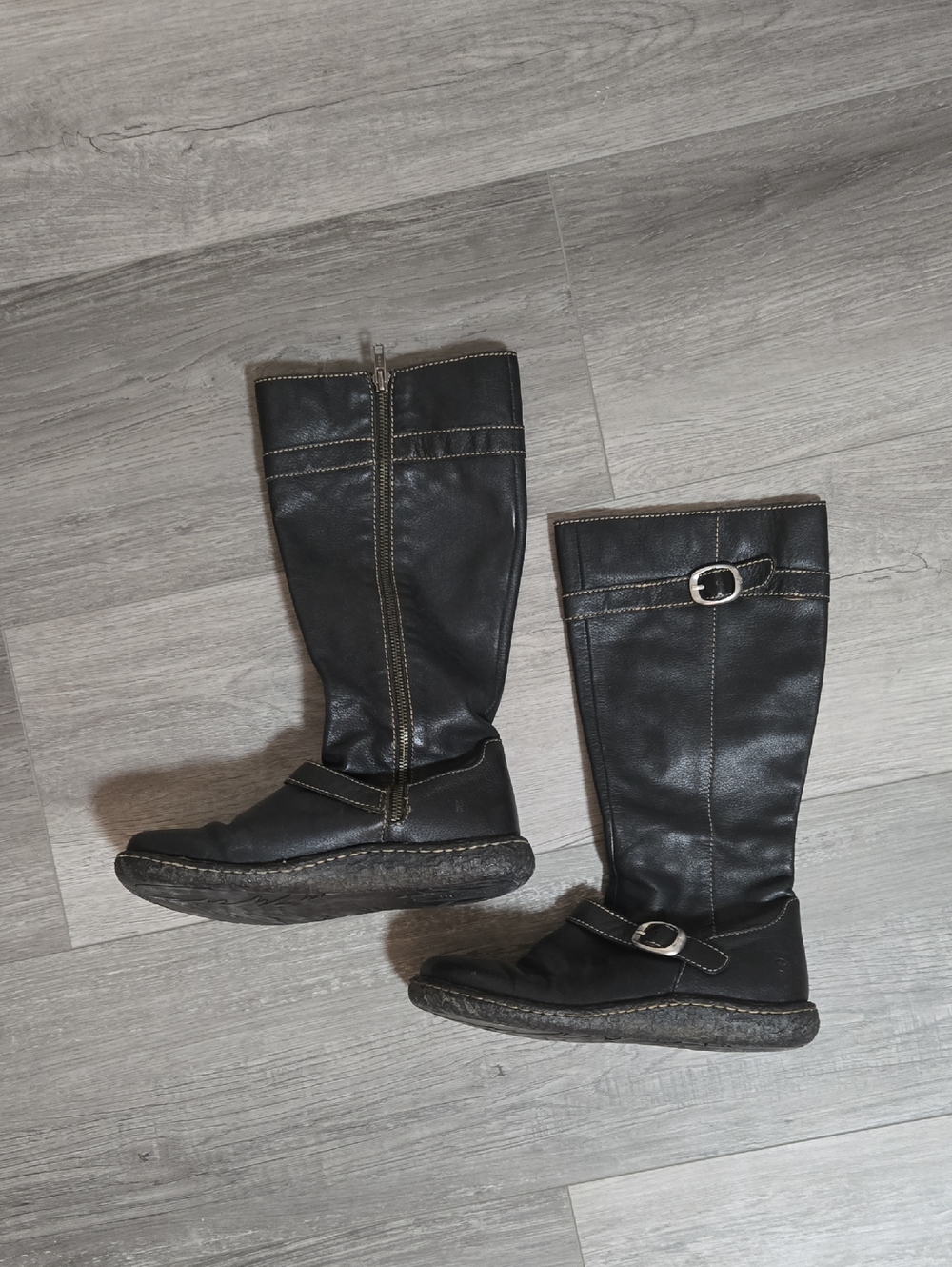 Born Black Leather Knee-High Boots with Buckle Detail